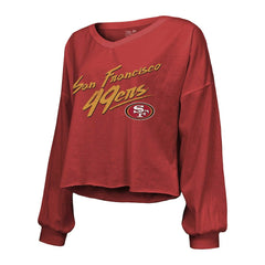 San Francisco 49ers  Christian McCaffrey  Majestic Threads Women's Name & Number Off-Shoulder Script Cropped Long Sleeve V-Neck T-Shirt