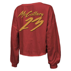 San Francisco 49ers  Christian McCaffrey  Majestic Threads Women's Name & Number Off-Shoulder Script Cropped Long Sleeve V-Neck T-Shirt