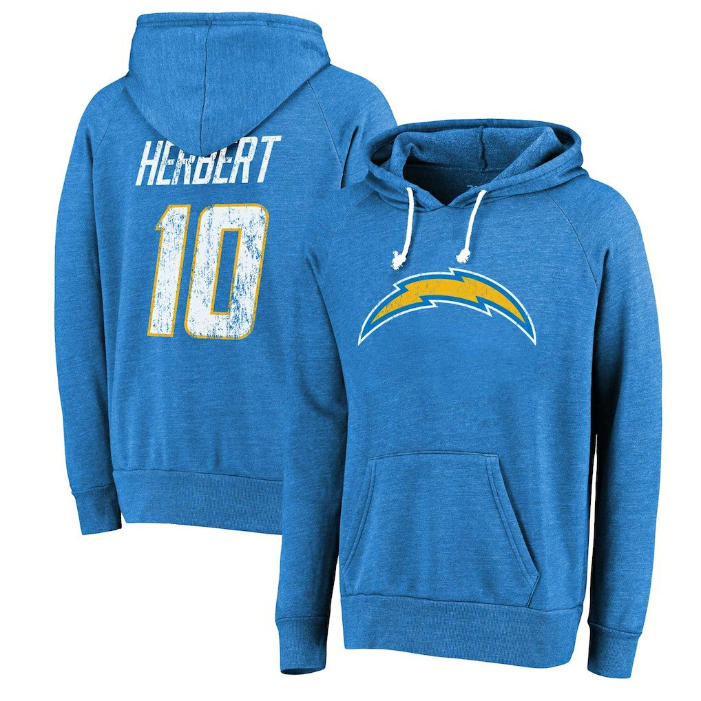 Los Angeles Chargers  Justin Herbert  Majestic Threads Name & Number Tri-Blend Pullover Hoodie