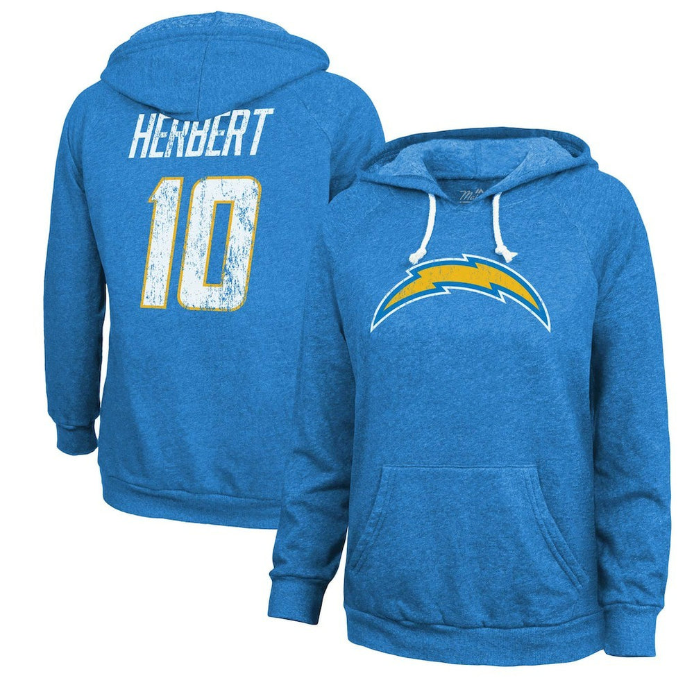 Los Angeles Chargers  Justin Herbert  Majestic Threads Women's Name & Number Tri-Blend Pullover Hoodie