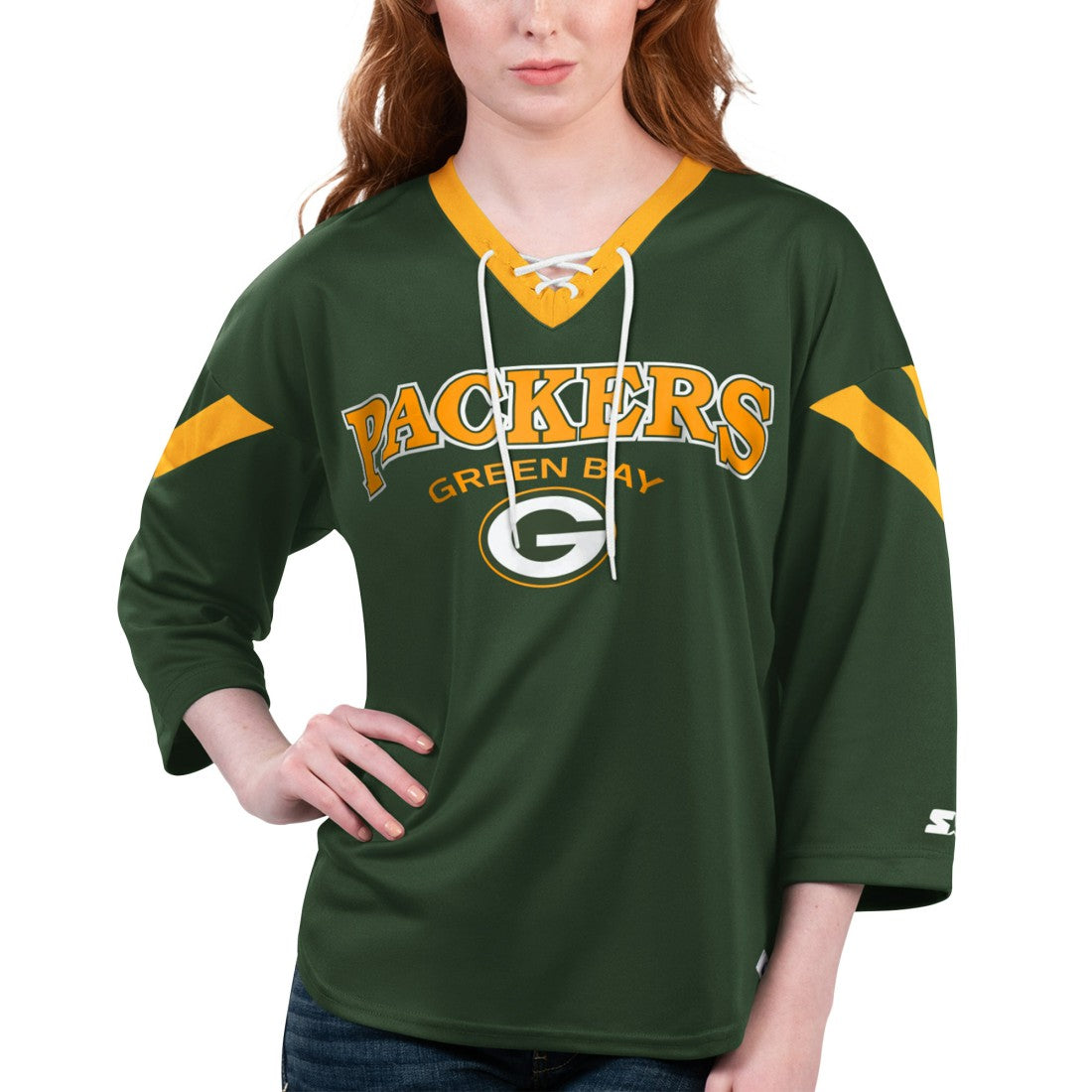 Green Bay Packers  Starter Women's Rally Lace-Up 3/4 Sleeve T-Shirt