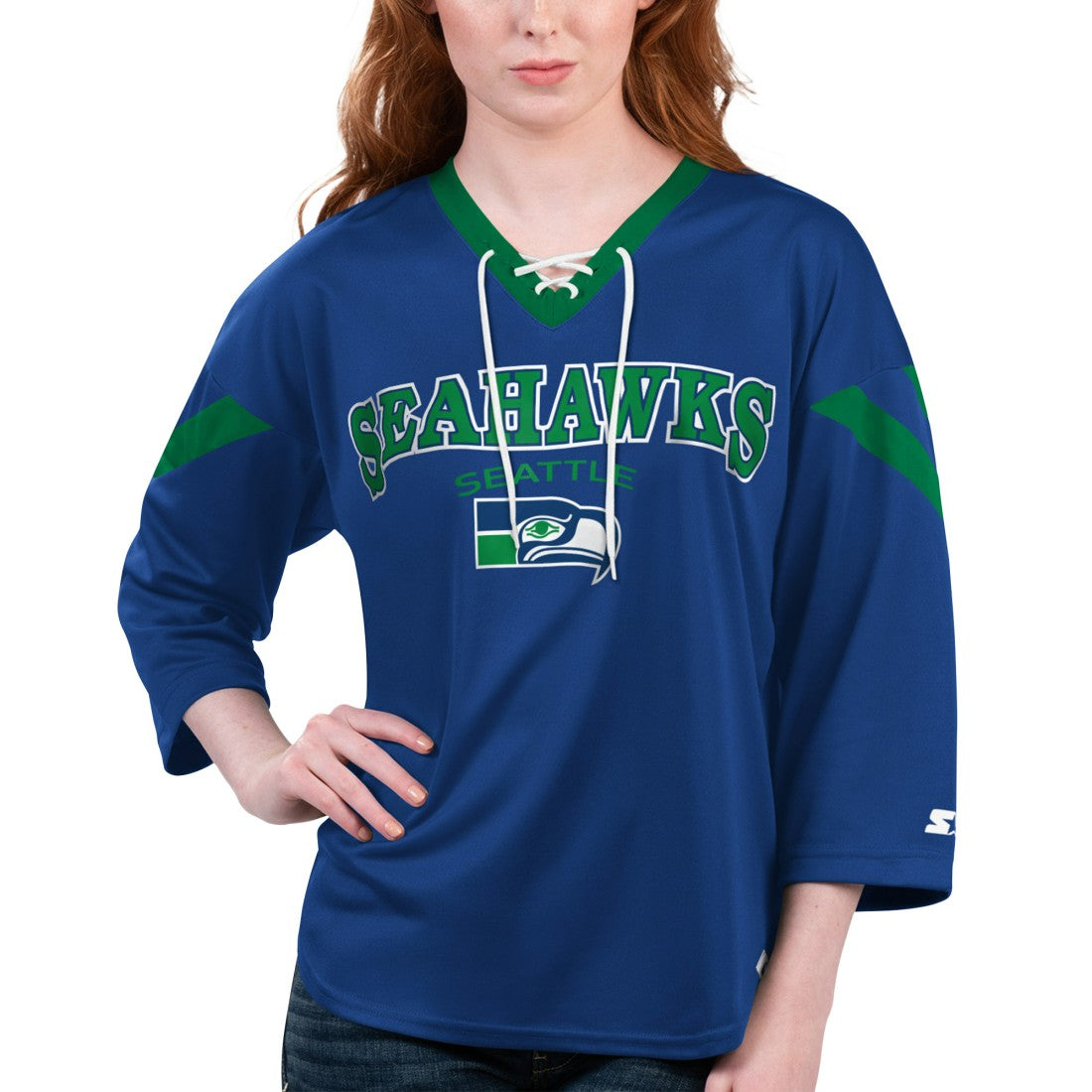 Seattle Seahawks  Starter Women's Rally Lace-Up 3/4 Sleeve T-Shirt
