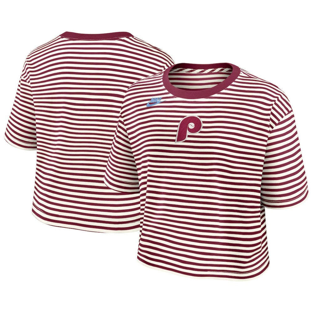 Philadelphia Phillies Nike Women's Cooperstown Collection Striped Cropped T-Shirt | MLB On Sale