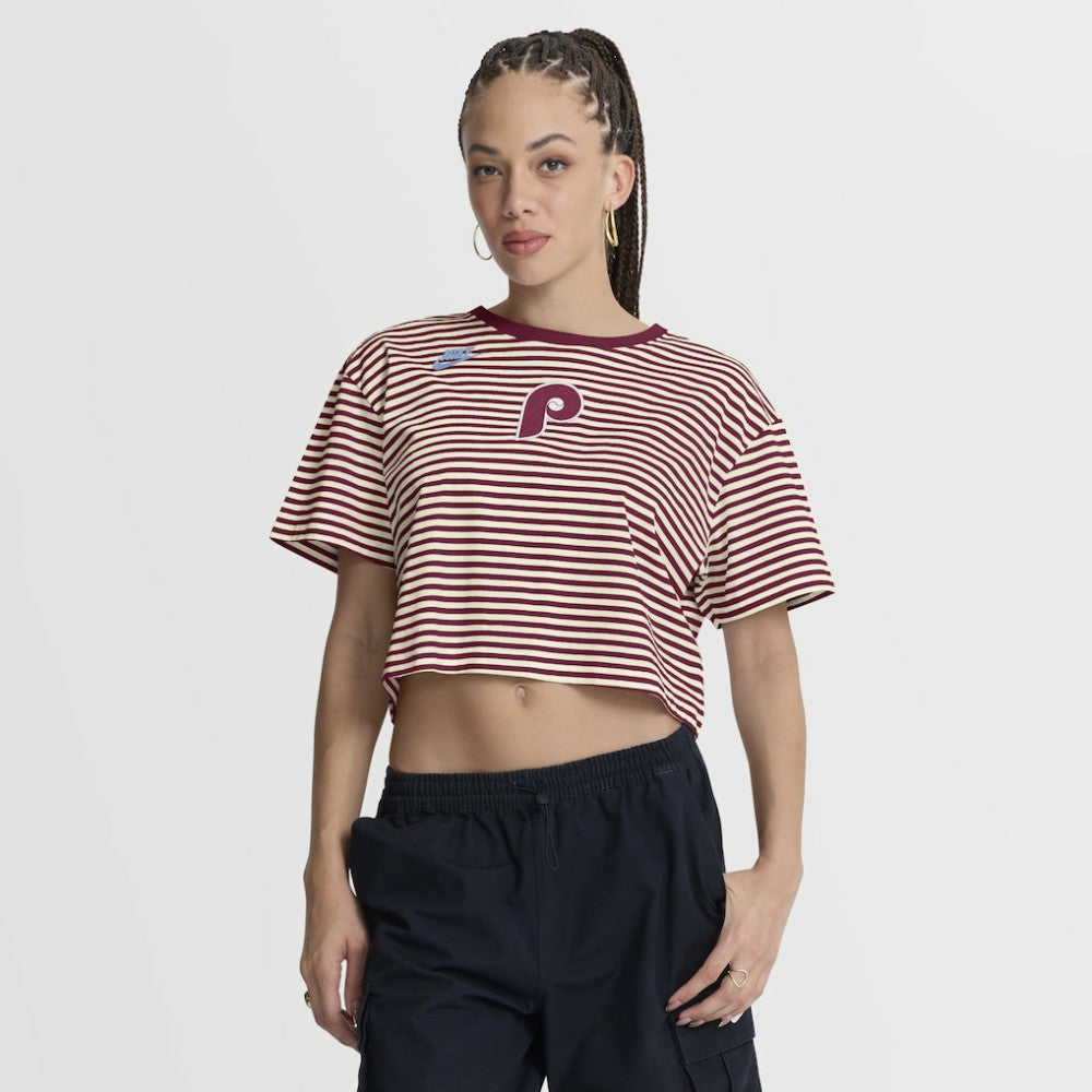 Philadelphia Phillies Nike Women's Cooperstown Collection Striped Cropped T-Shirt | MLB On Sale