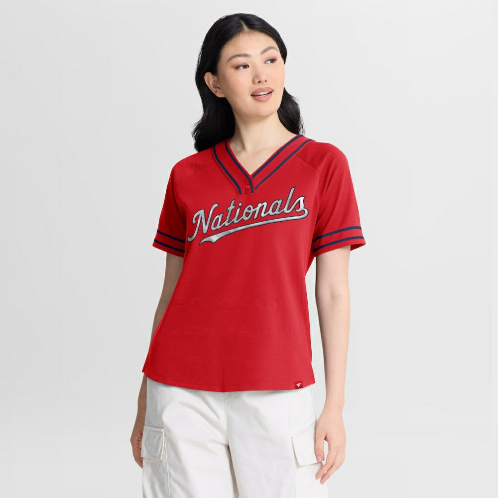 Washington Nationals Fanatics Women's Diva Race Ahead Raglan V-Neck T-Shirt | MLB For sale