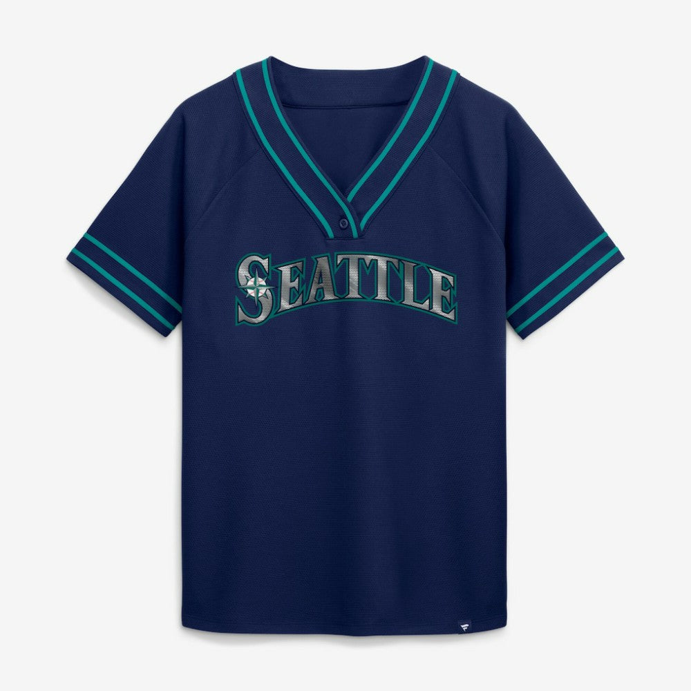 Seattle Mariners Fanatics Women's Diva Race Ahead Raglan V-Neck T-Shirt | MLB On Sale