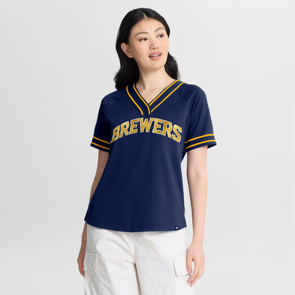 Milwaukee Brewers Fanatics Women's Diva Race Ahead Raglan V-Neck T-Shirt | MLB Discount