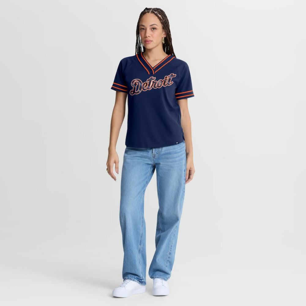 Detroit Tigers Fanatics Women's Diva Race Ahead Raglan V-Neck T-Shirt | MLB New