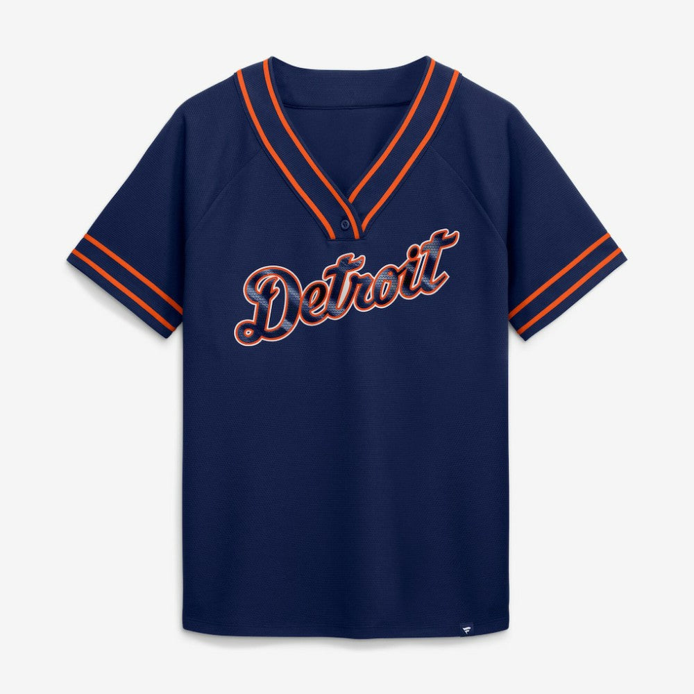 Detroit Tigers Fanatics Women's Diva Race Ahead Raglan V-Neck T-Shirt | MLB New
