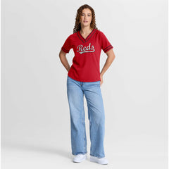 Cincinnati Reds Fanatics Women's Diva Race Ahead Raglan V-Neck T-Shirt | MLB For sale