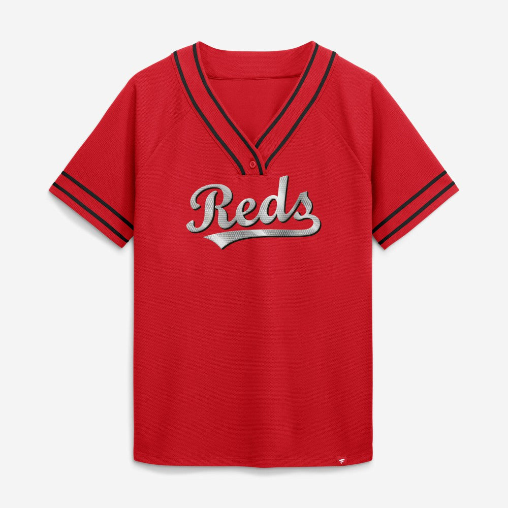 Cincinnati Reds Fanatics Women's Diva Race Ahead Raglan V-Neck T-Shirt | MLB For sale