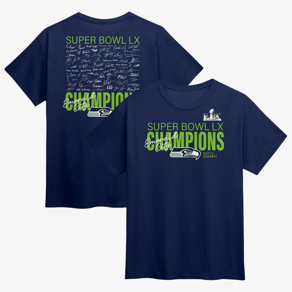 Seattle Seahawks Fanatics Super Bowl LX Champions Autograph Signing Roster T-Shirt