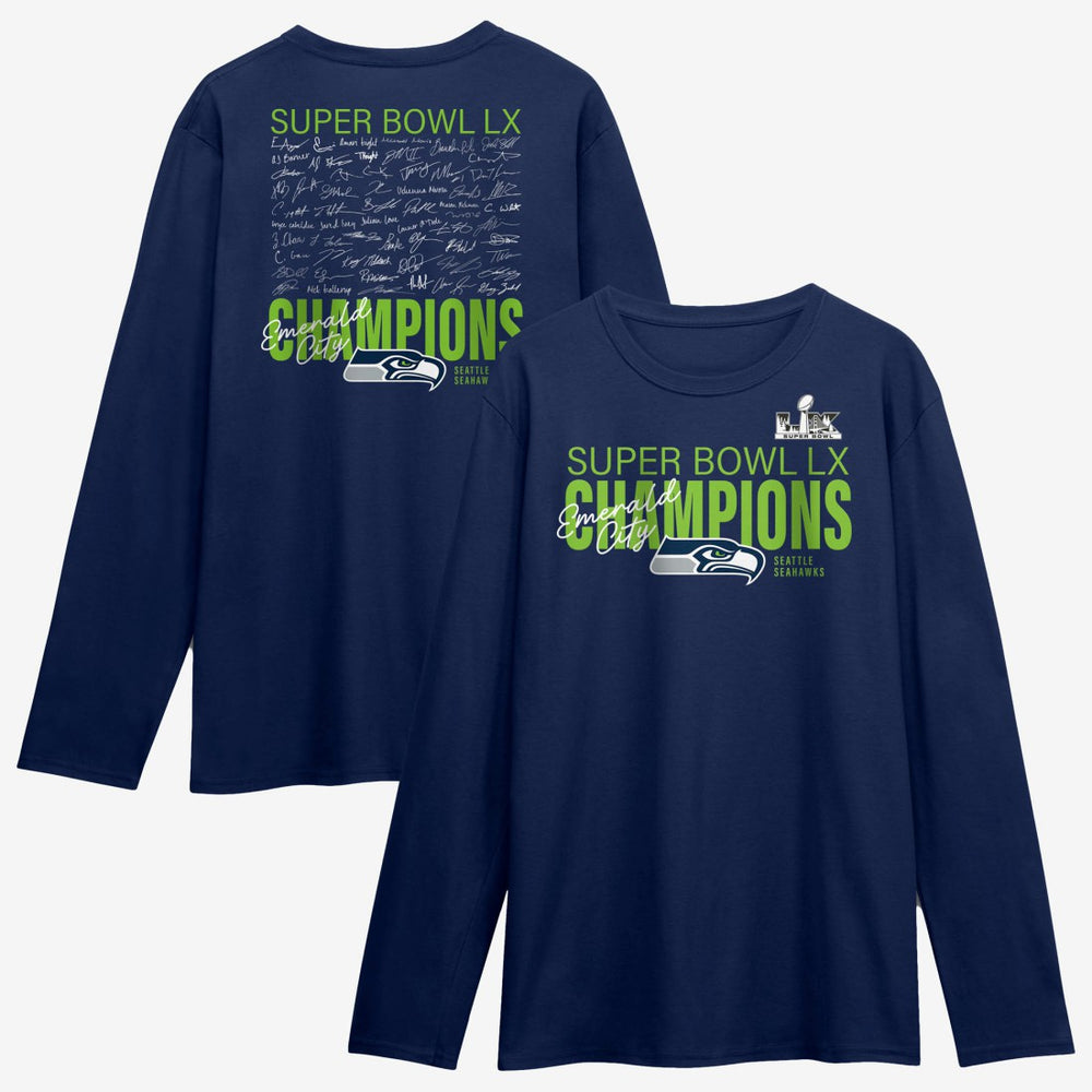 Seattle Seahawks Fanatics Super Bowl LX Champions Autograph Signing Long Sleeve Roster T-Shirt