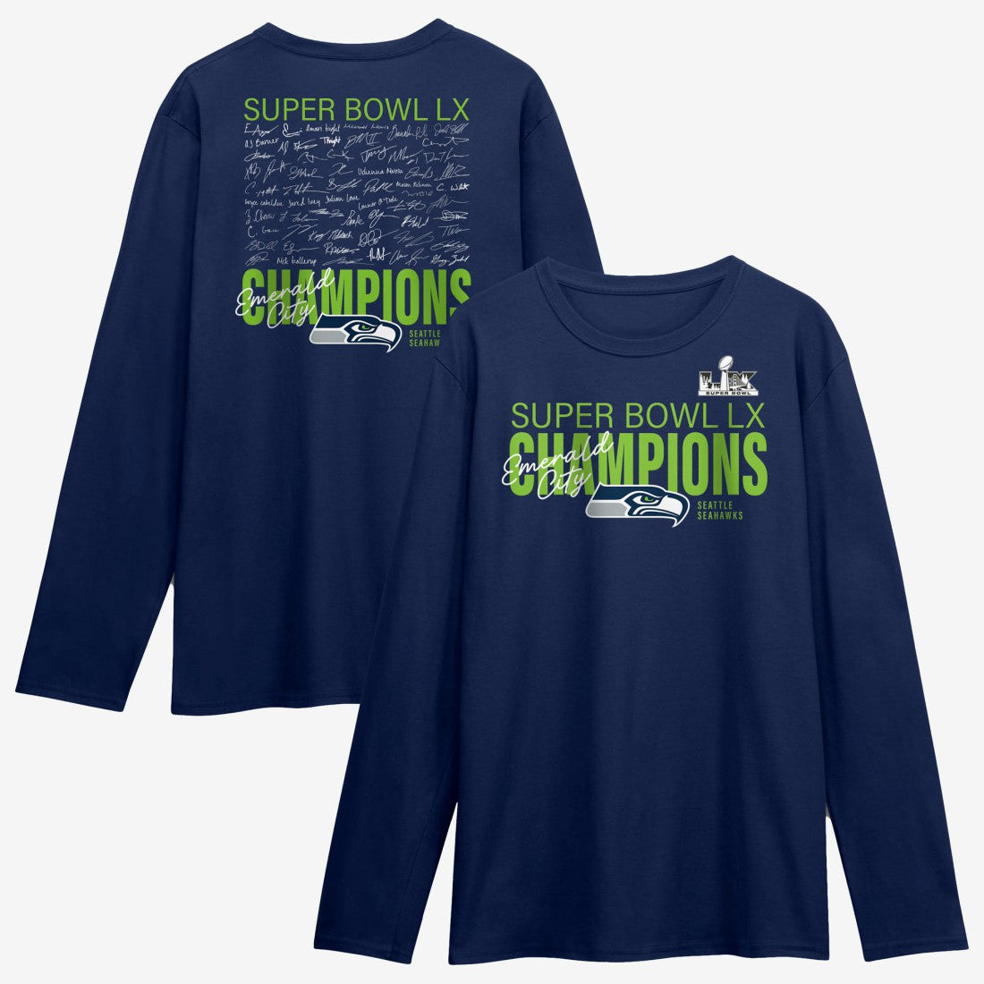 Seattle Seahawks Fanatics Super Bowl LX Champions Autograph Signing Long Sleeve Roster T-Shirt