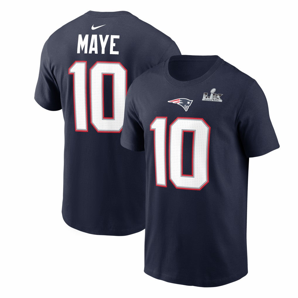 New England Patriots Nike Drake Maye  Super Bowl LX Patch Name & Number T-Shirt