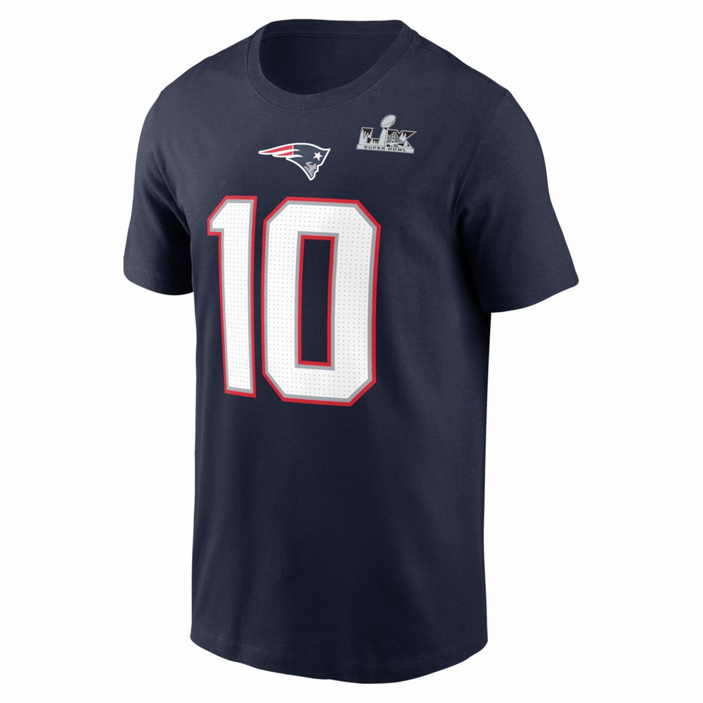 New England Patriots Nike Drake Maye  Super Bowl LX Patch Name & Number T-Shirt