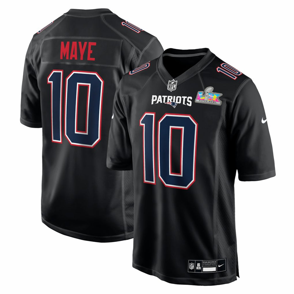 New England Patriots Nike Drake Maye  Super Bowl LX Patch Carbon Fashion Game Jersey