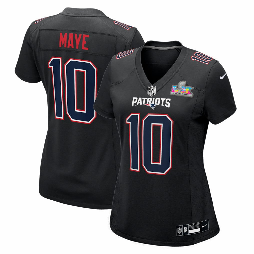 New England Patriots Nike Drake Maye  Women's Super Bowl LX Patch Carbon Fashion Game Jersey
