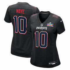 New England Patriots Nike Drake Maye  Women's Super Bowl LX Patch Carbon Fashion Game Jersey