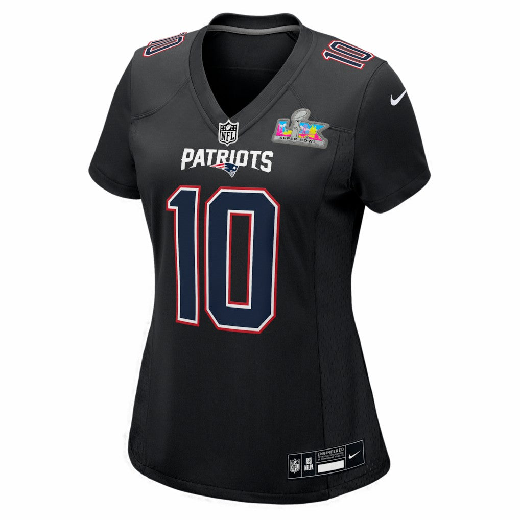 New England Patriots Nike Drake Maye  Women's Super Bowl LX Patch Carbon Fashion Game Jersey