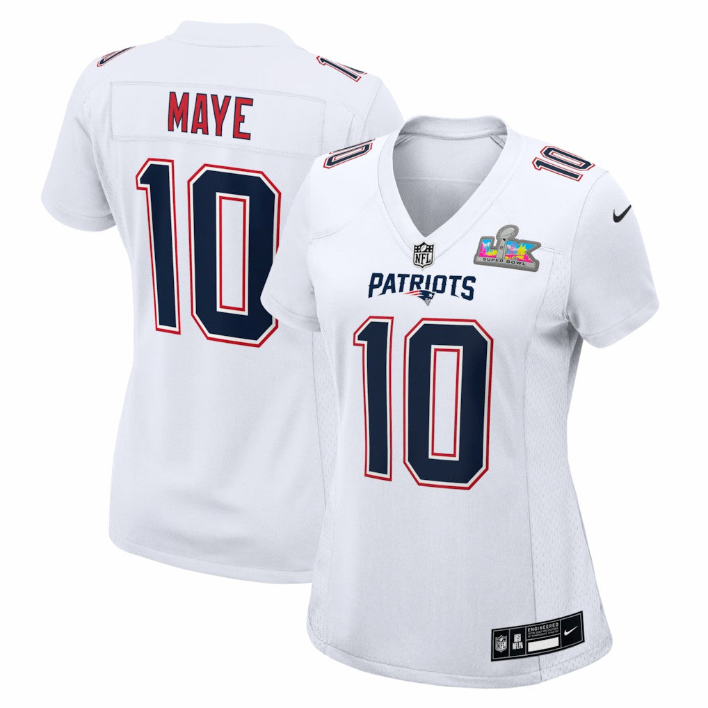 New England Patriots Nike Drake Maye  Women's Super Bowl LX Patch Tundra Fashion Game Jersey