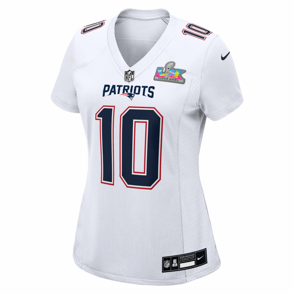 New England Patriots Nike Drake Maye  Women's Super Bowl LX Patch Tundra Fashion Game Jersey