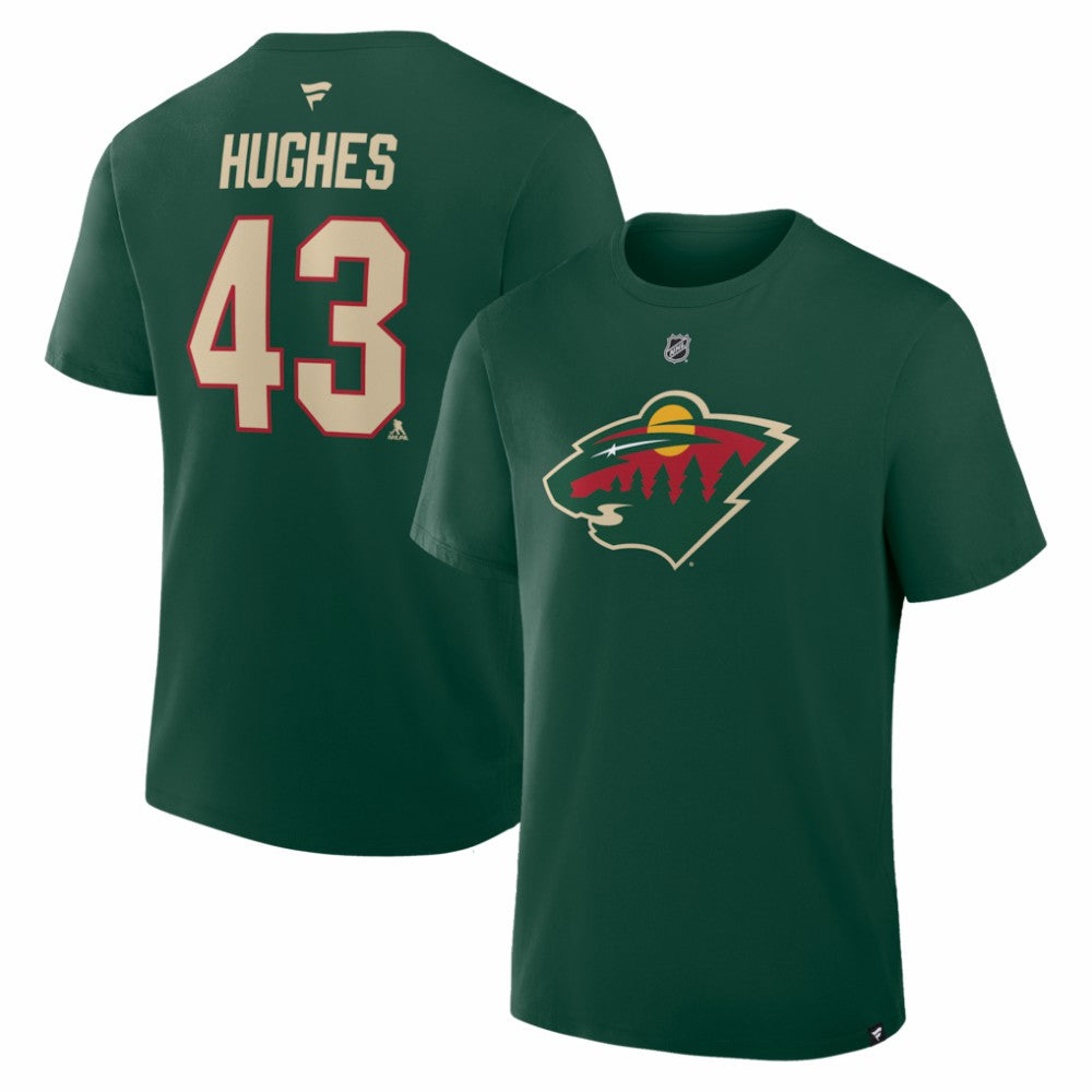 Quinn Hughes Minnesota Wild Fanatics Authentic Stack Name & Number T-Shirt For Sale