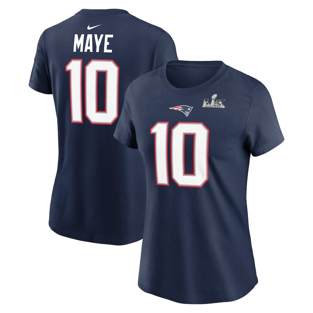 New England Patriots Nike Drake Maye  Women's Super Bowl LX Patch Name & Number T-Shirt