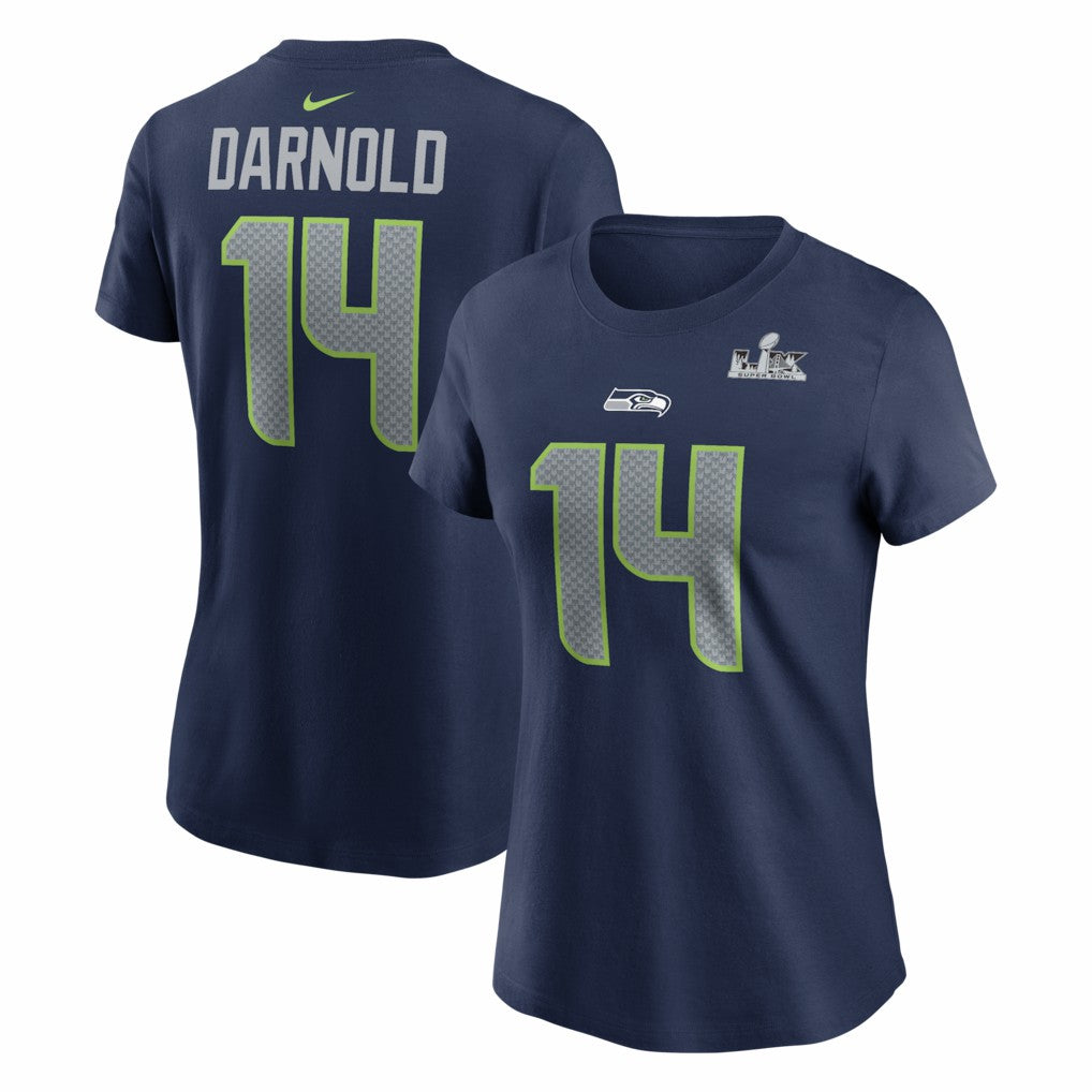 Seattle Seahawks Nike Sam Darnold  Women's Super Bowl LX Patch Name & Number T-Shirt