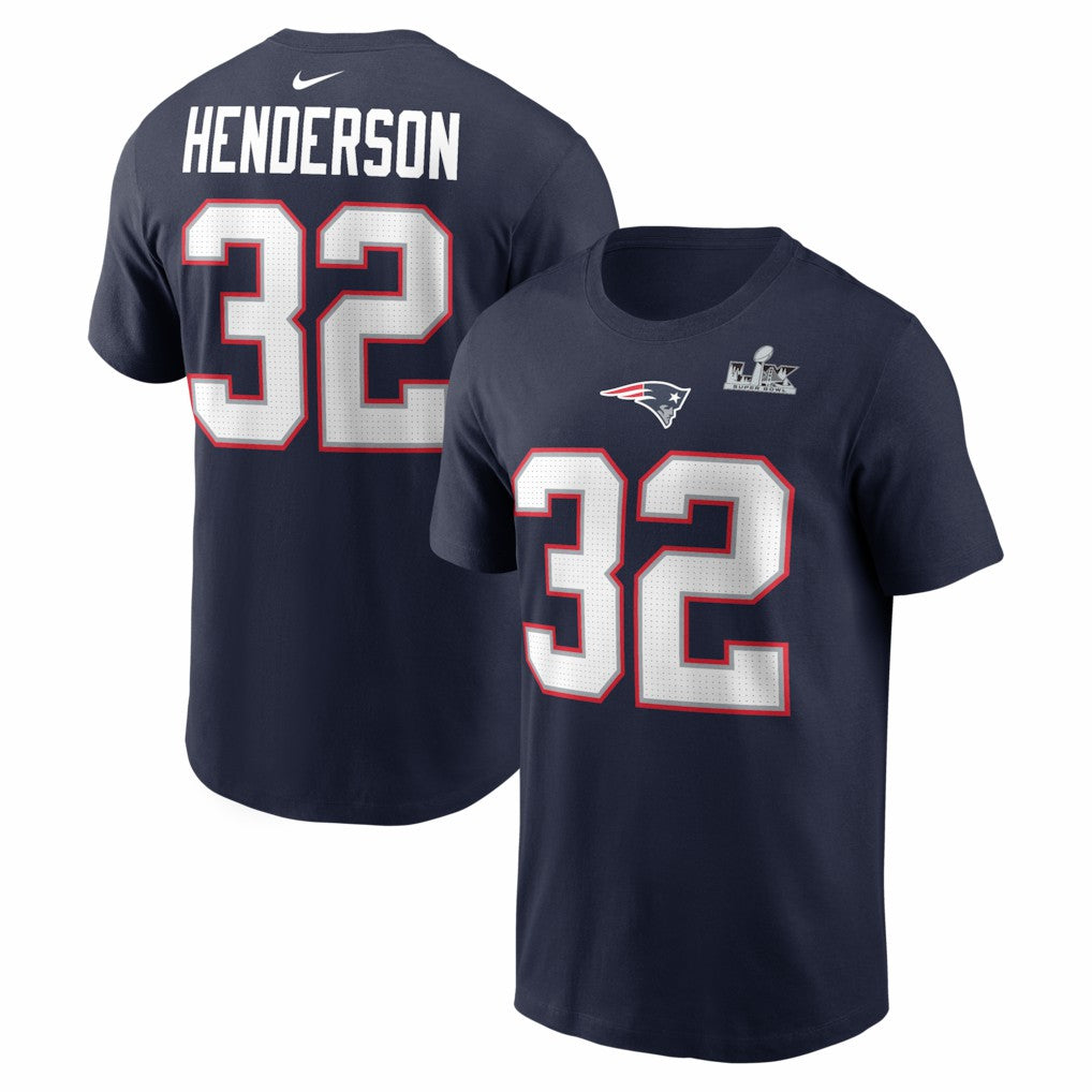 New England Patriots Nike TreVeyon Henderson  Super Bowl LX Patch Name & Number T-Shirt