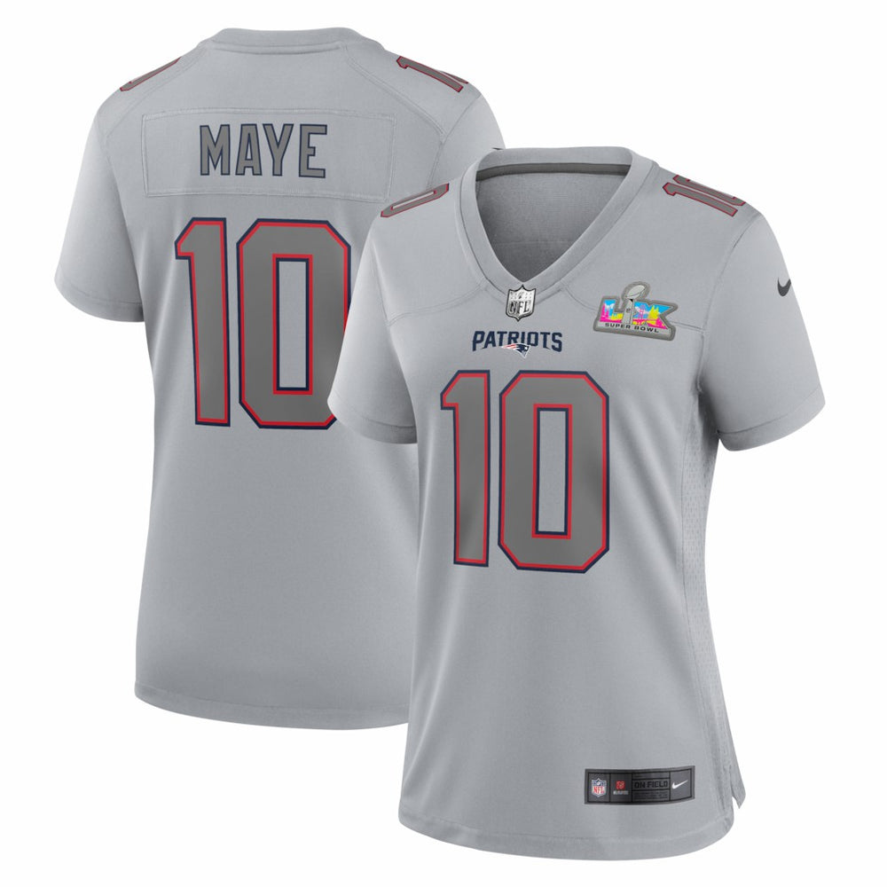 New England Patriots Nike Drake Maye  Women's Super Bowl LX Patch Atmosphere Fashion Game Jersey