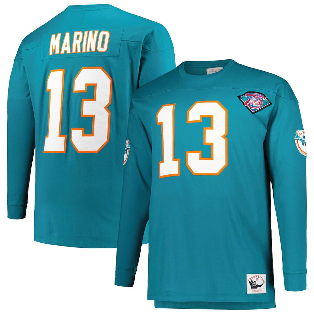 Miami Dolphins Mitchell & Ness Dan Marino  Big & Tall Cut & Sew Player Name & Number Long Sleeve T-Shirt