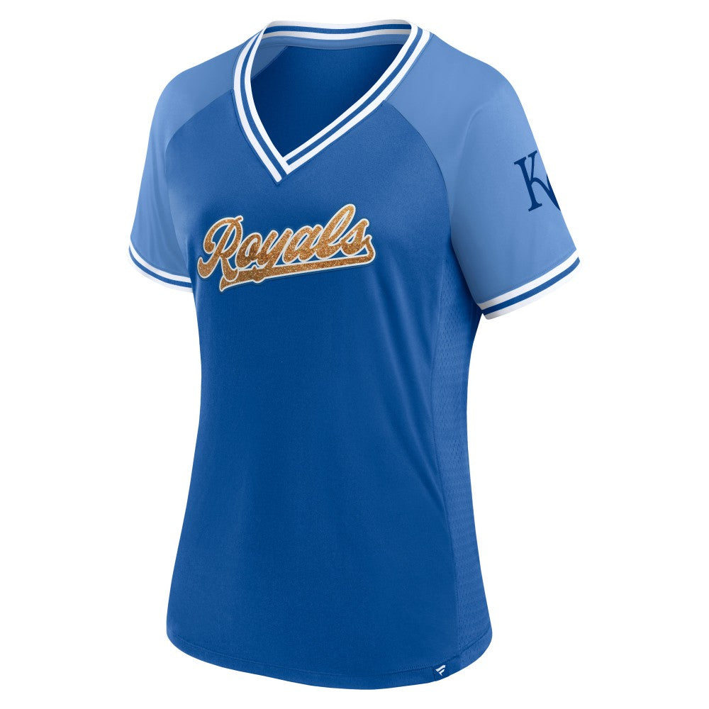 Kansas City Royals Fanatics Women's Glitz & Glam League Diva Raglan V-Neck T-Shirt | MLB US