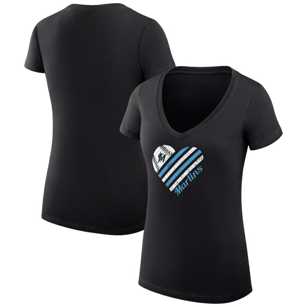 Miami Marlins G-III 4Her by Carl Banks Women's Super-Slim Fit Lightweight Heart V-Neck T-Shirt | MLB Shop