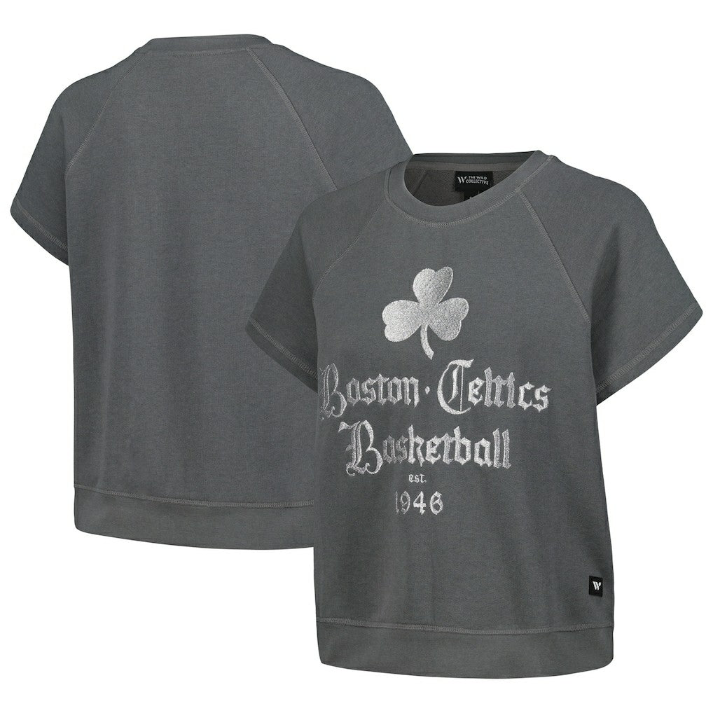 Boston Celtics The Wild Collective Women's Embroidered Fleece Raglan Short Sleeve Pullover Sweatshirt Online
