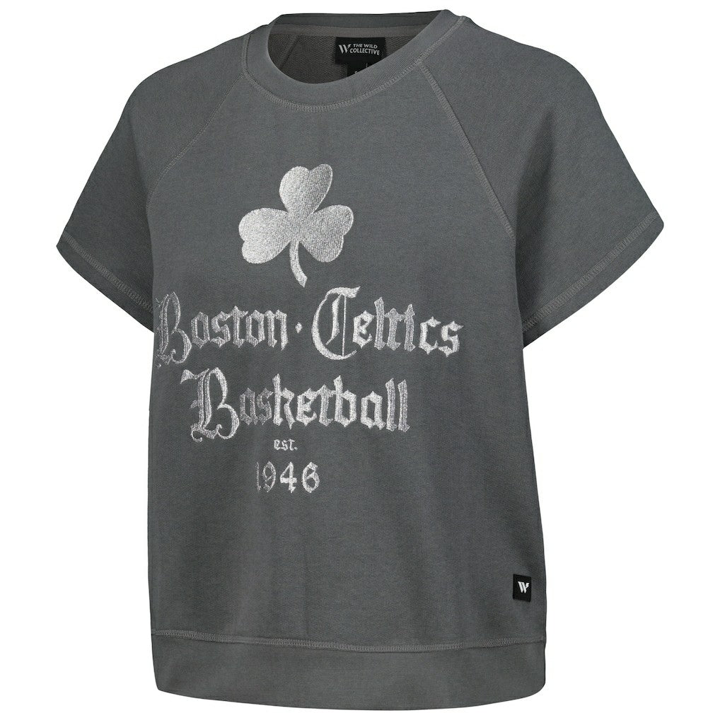 Boston Celtics The Wild Collective Women's Embroidered Fleece Raglan Short Sleeve Pullover Sweatshirt Online