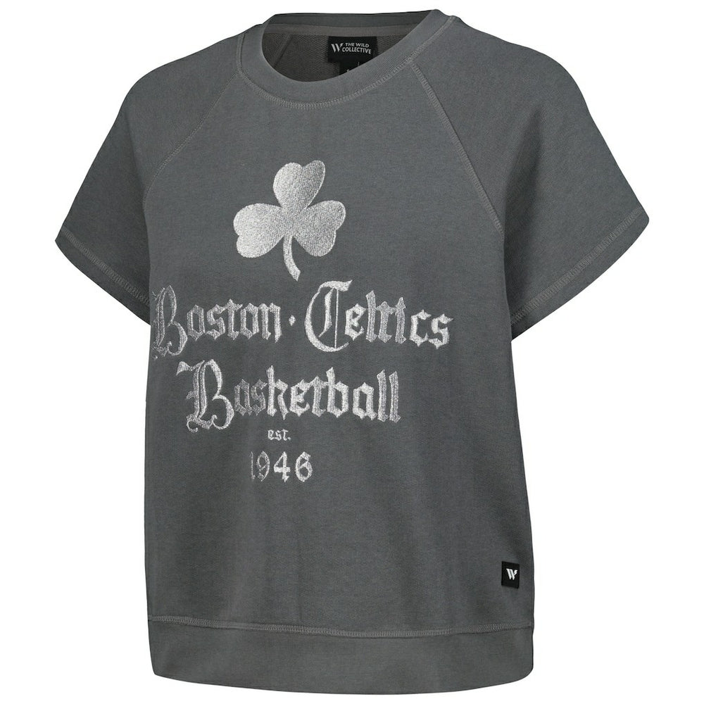 Boston Celtics The Wild Collective Women's Embroidered Fleece Raglan Short Sleeve Pullover Sweatshirt Online