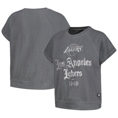 Los Angeles Lakers The Wild Collective Women's Embroidered Fleece Raglan Short Sleeve Pullover Sweatshirt On Sale