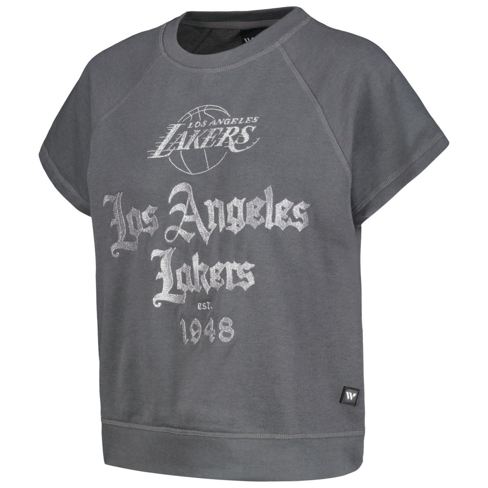 Los Angeles Lakers The Wild Collective Women's Embroidered Fleece Raglan Short Sleeve Pullover Sweatshirt On Sale