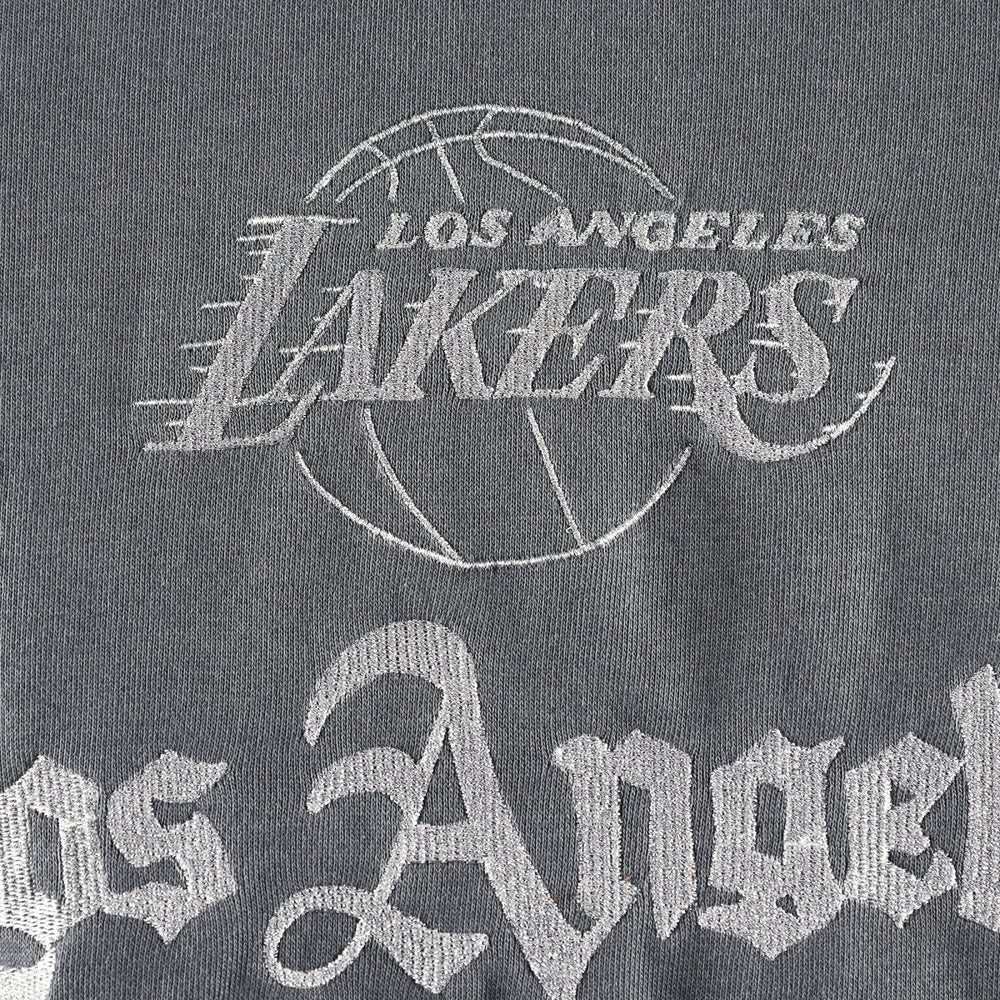 Los Angeles Lakers The Wild Collective Women's Embroidered Fleece Raglan Short Sleeve Pullover Sweatshirt On Sale