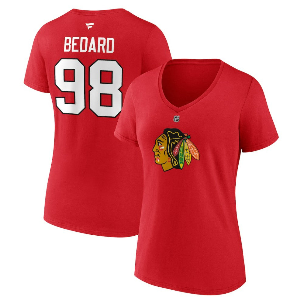 Connor Bedard Chicago Blackhawks Fanatics Women's Authentic Stack Name & Number V-Neck T-Shirt For Sale