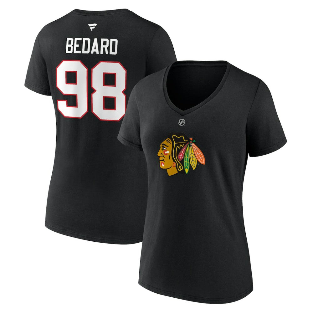 Connor Bedard Chicago Blackhawks Fanatics Women's Authentic Stack Name & Number V-Neck T-Shirt On Sale