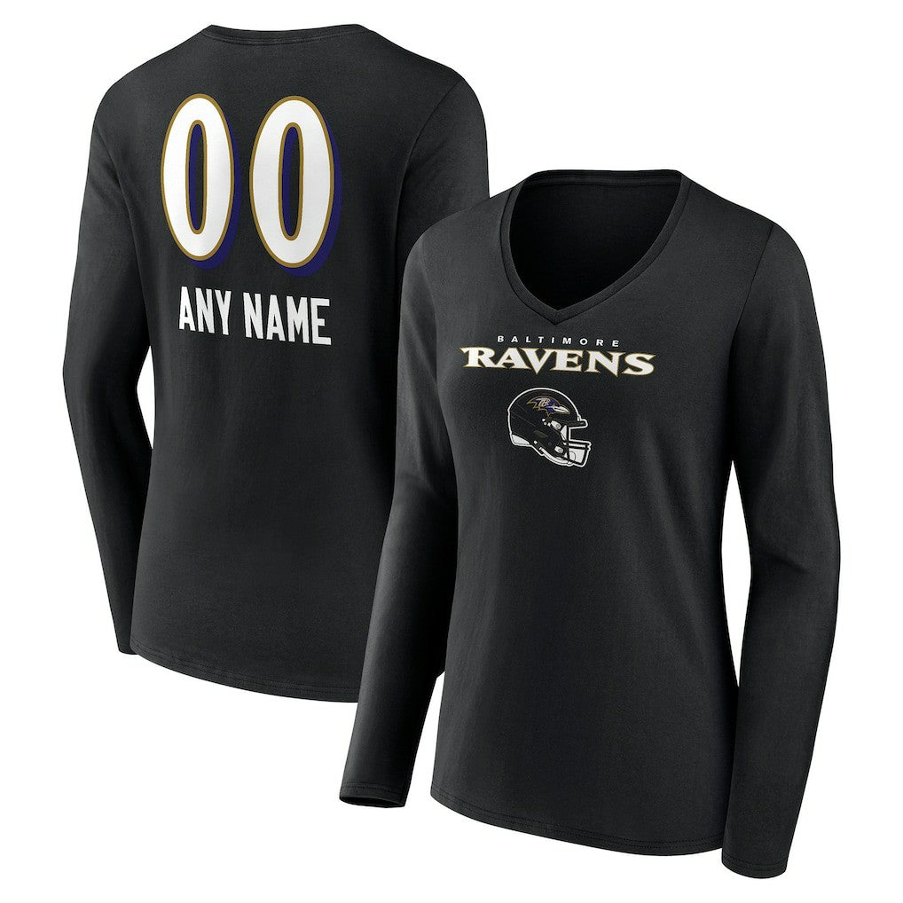 Baltimore Ravens  Women's Personalized Name & Number Team Wordmark Long Sleeve V-Neck T-Shirt