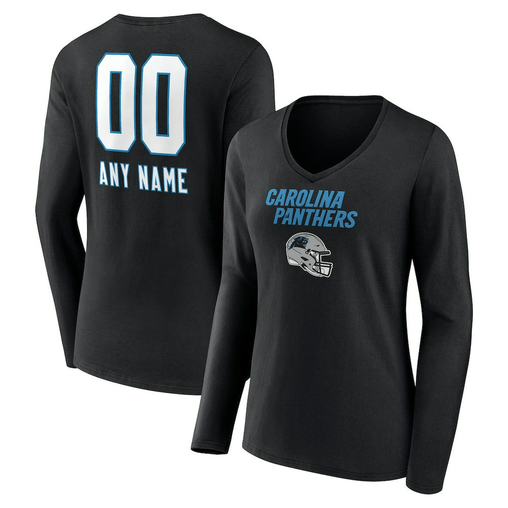 Carolina Panthers  Women's Personalized Name & Number Team Wordmark Long Sleeve V-Neck T-Shirt