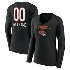 Cincinnati Bengals  Women's Personalized Name & Number Team Wordmark Long Sleeve V-Neck T-Shirt