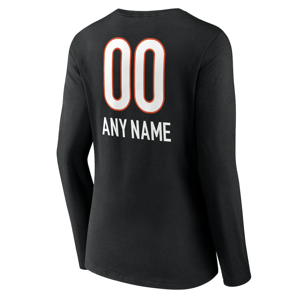 Cincinnati Bengals  Women's Personalized Name & Number Team Wordmark Long Sleeve V-Neck T-Shirt