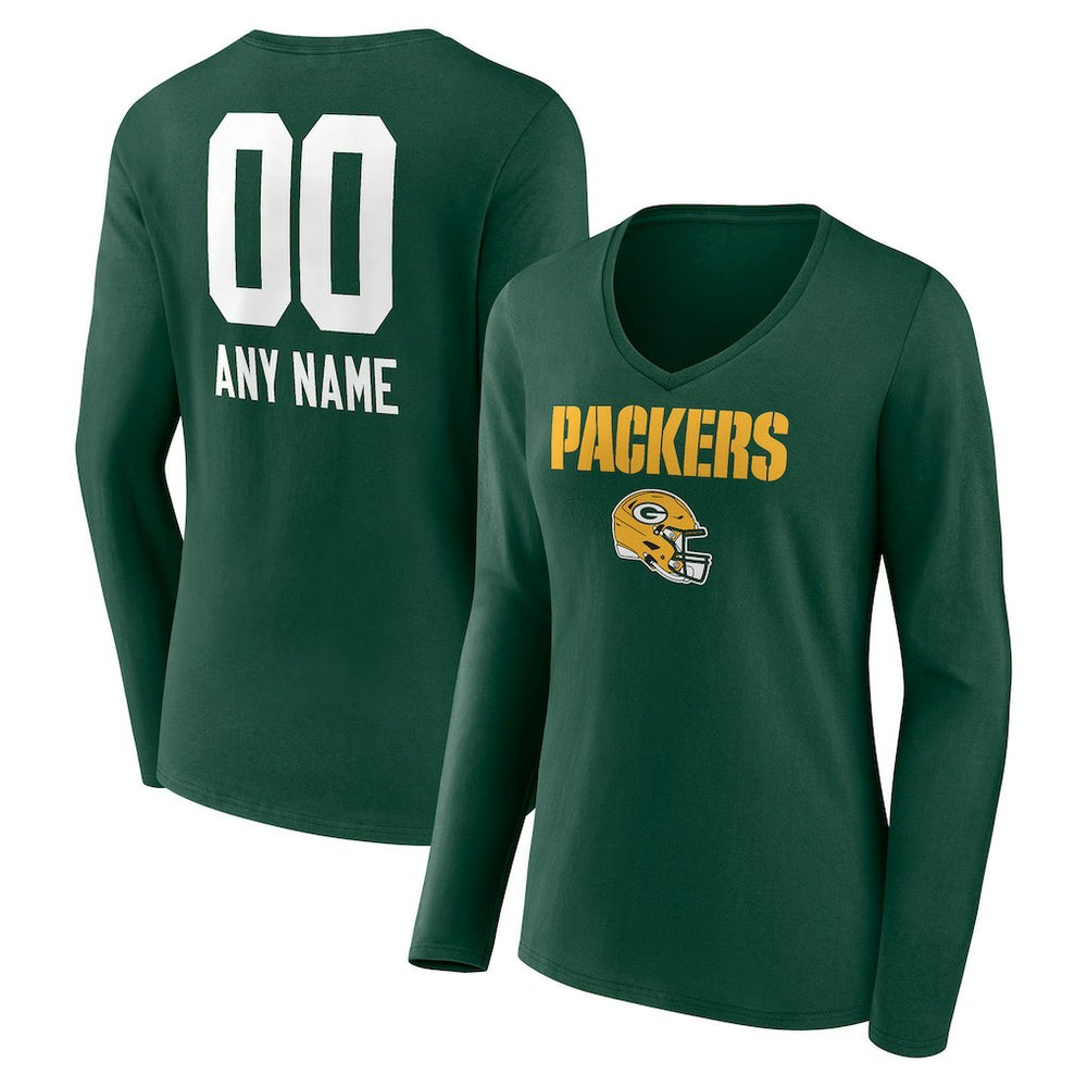 Green Bay Packers  Women's Personalized Name & Number Team Wordmark Long Sleeve V-Neck T-Shirt