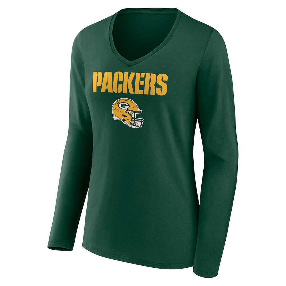 Green Bay Packers  Women's Personalized Name & Number Team Wordmark Long Sleeve V-Neck T-Shirt