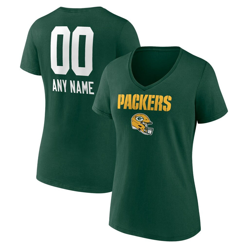 Green Bay Packers  Women's Personalized Name & Number Team Wordmark V-Neck T-Shirt