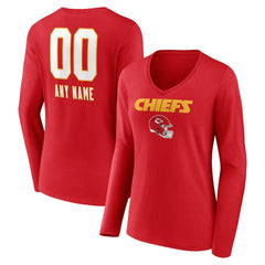 Kansas City Chiefs  Women's Personalized Name & Number Team Wordmark Long Sleeve V-Neck T-Shirt